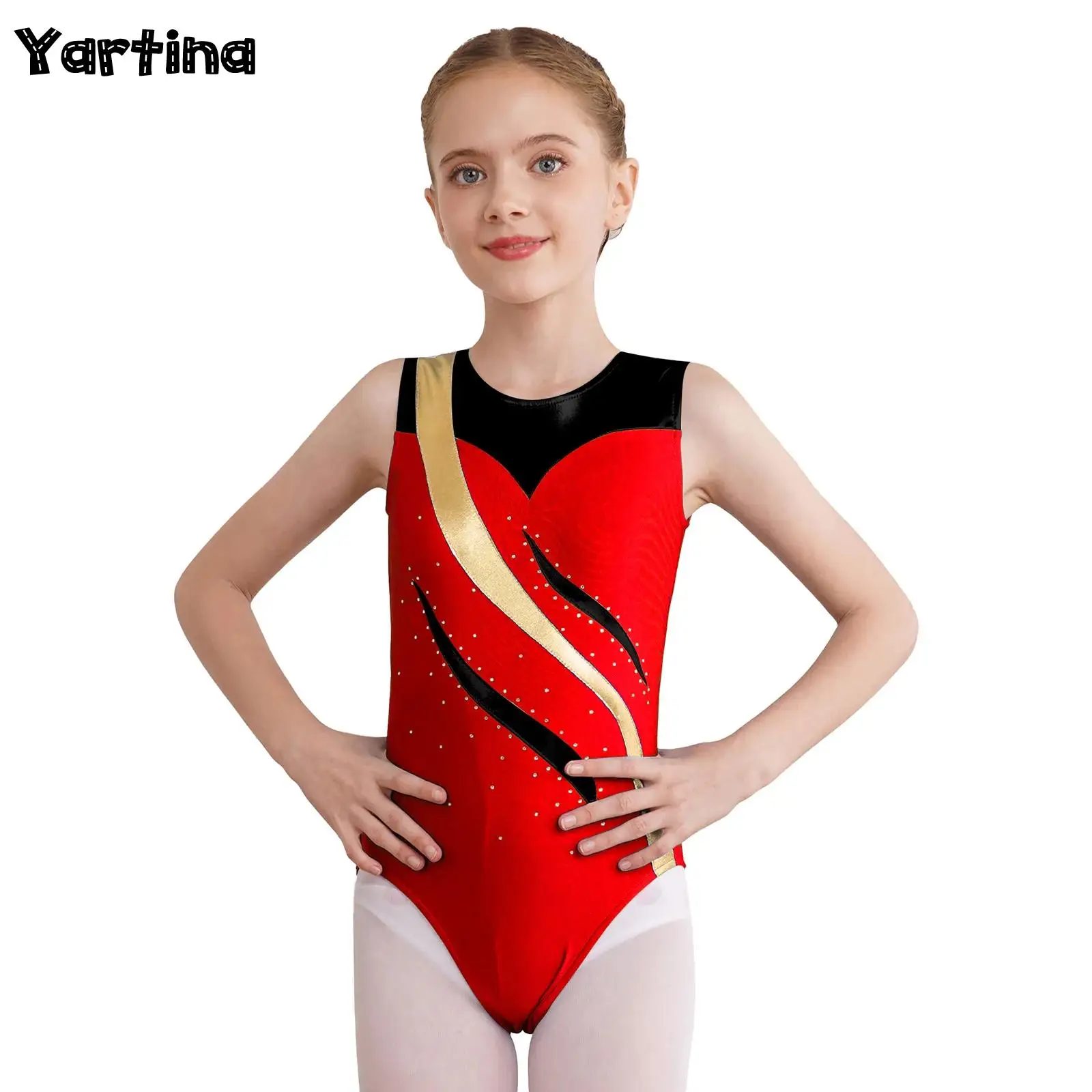 Kids Girls Metallic Gymnastics Swimsuit for Ballet Dancing Leotard Rhythmic Skating Performance Costume Rhinestones Bodysuit