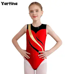 Kids Girls Metallic Gymnastics Swimsuit for Ballet Dancing Leotard Rhythmic Skating Performance Costume Rhinestones Bodysuit