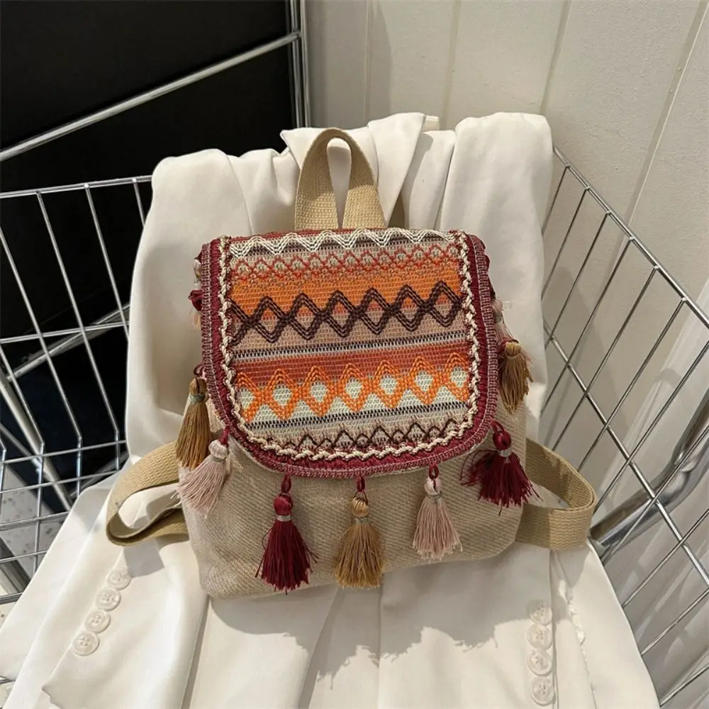 Tassel Ethnic Style Backpack Canvas Small School Bag Tassel Shoulder Bag Korean Style Storage Bag Embroidery School Bag