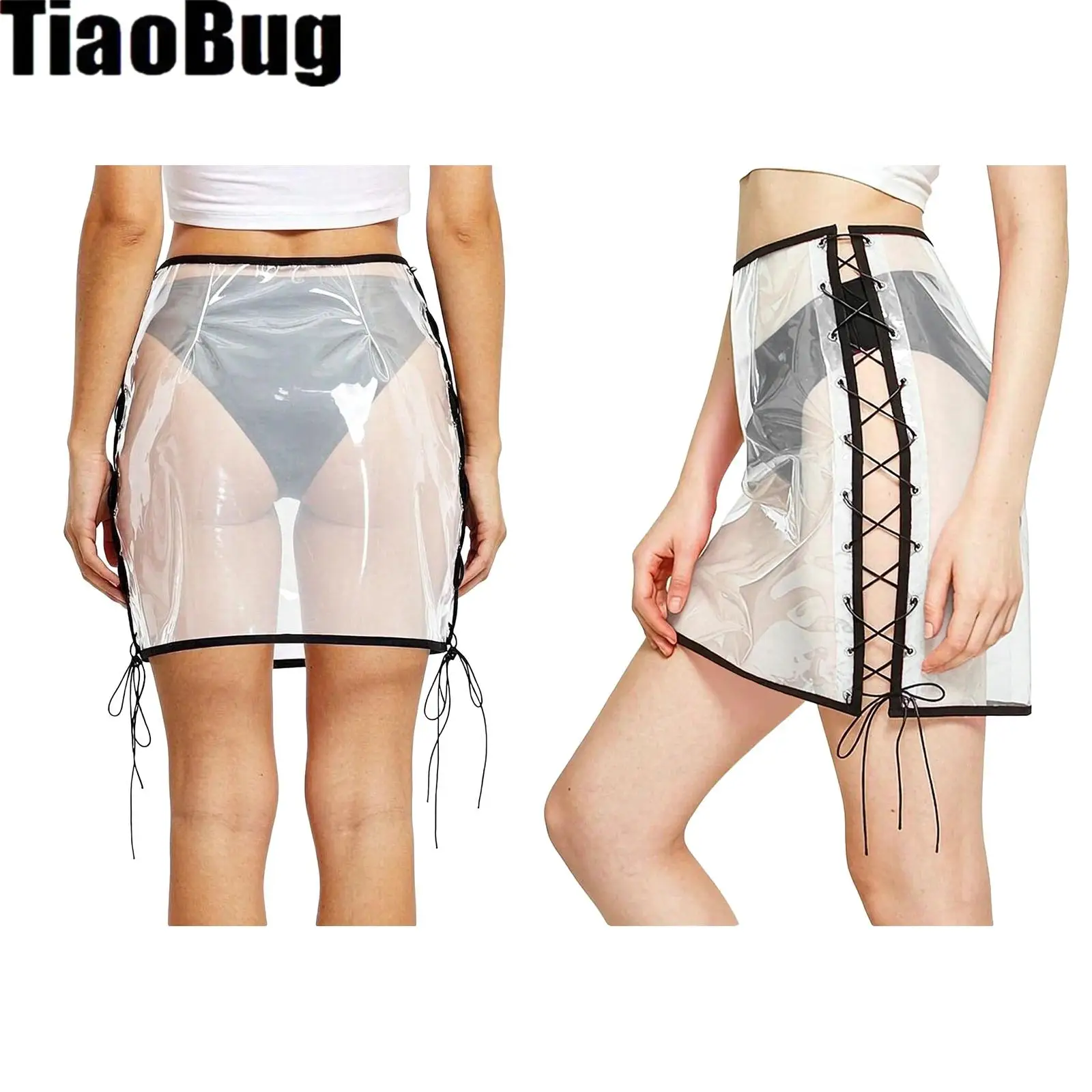 Women See-through Pvc Skirt Cover Up Skirt Lace-up Miniskirt Clubwear for Beach Party Rave Music Festival