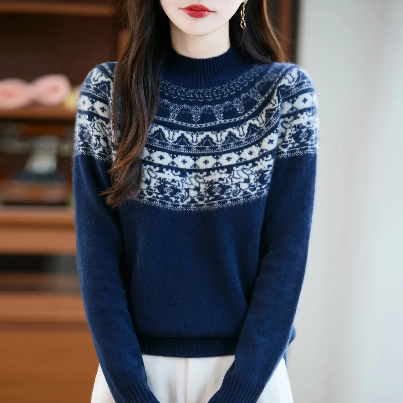 

Autumn and winter new first-line ready-to-wear 100% merino wool pullover sweater high-end loose soft luxury women's semi-high-ne