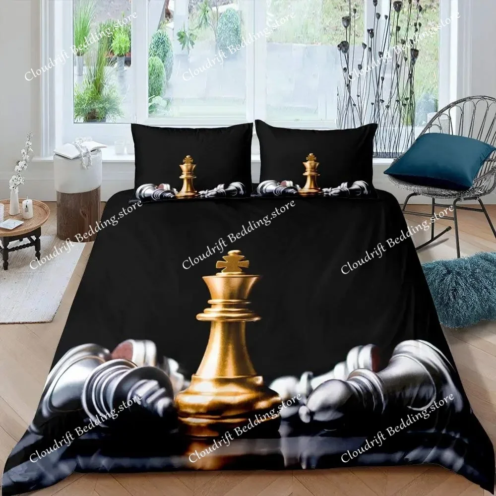 International Chess Duvet Cover Set Queen Size Chess Lovers Bedding Set for Boys Adults Microfiber Black Base Quilt Cover