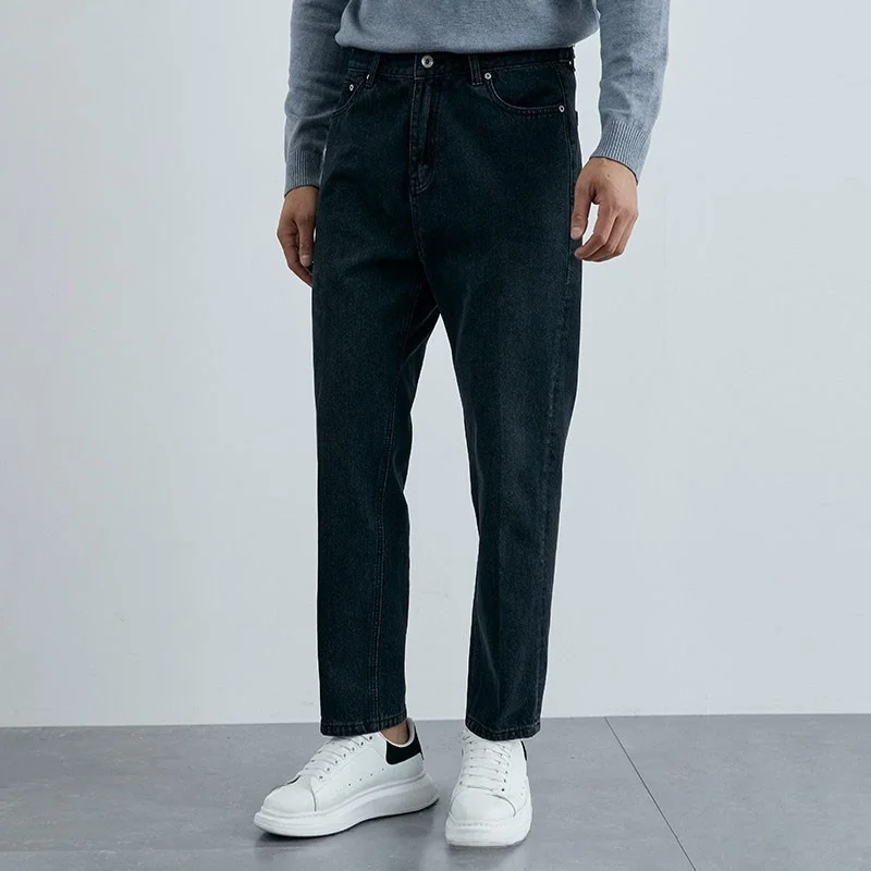

Men's Casual Loose Fit Straight Leg Cotton Denim Jeans Bla mid Waist Stretchable Retro Versatile Long Trousers