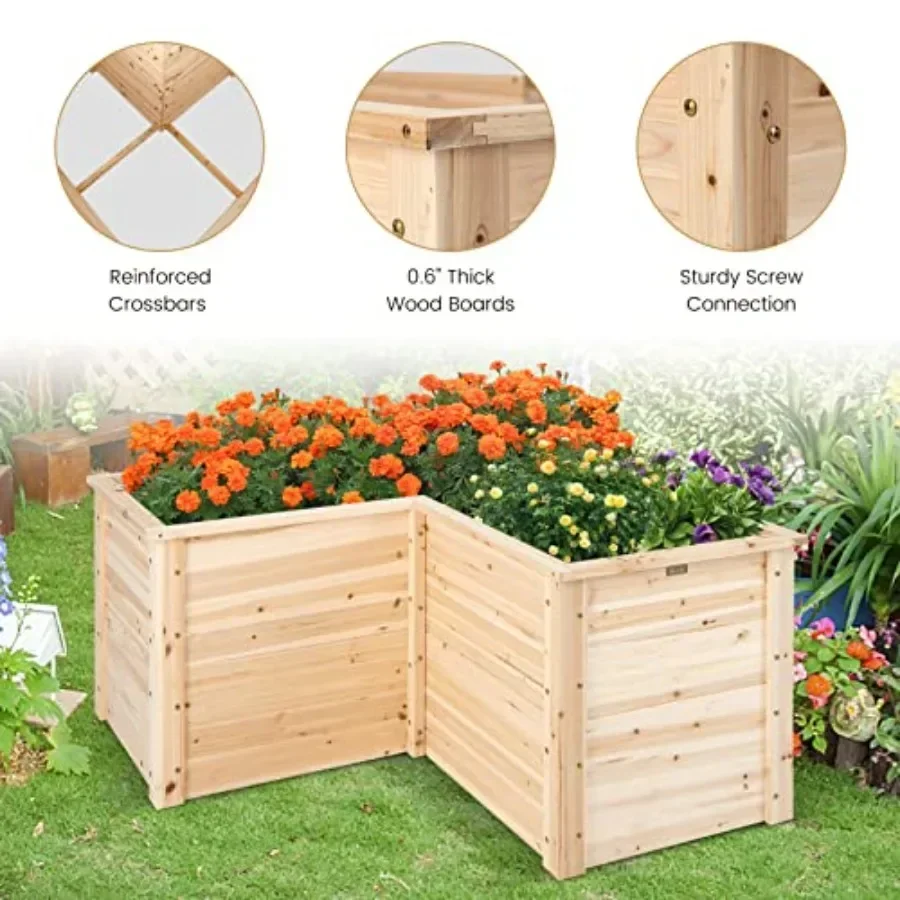 Raised Garden Bed, L-Shaped Deep Planter Box with Open-Ended Base, Outdoor Elevated Planter for Garden Patio Flowers, Vegetable