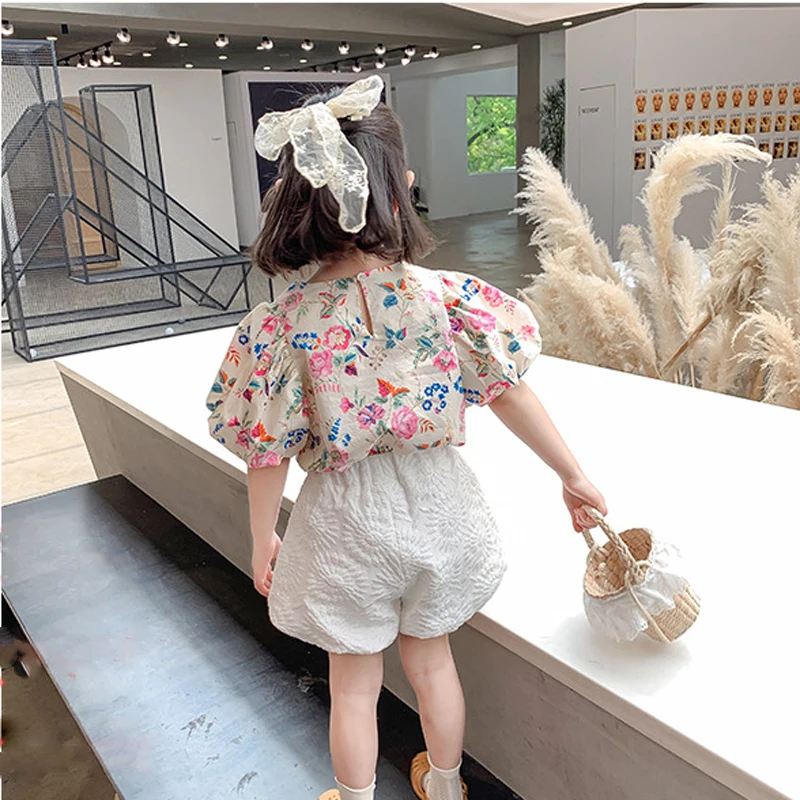 Children\'S Clothing Sets 2022 Summer New Girls Fashion Kids Outfit Girls\' Floral Puff Sleeve Top +Lantern Shorts Baby Kids Suits