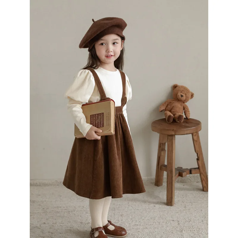 2024 AncoBear Baby Girls Suspender SKirt for Autumn Winter Kids Corduroy Overall Dress Children Vintage Casual Loose Outfits