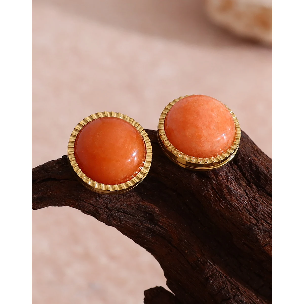 YACHAN Minimalist Geometric Round Small Stud Earrings for Women Luxury Vintage Orange Natural Stone Stainless Steel Jewelry
