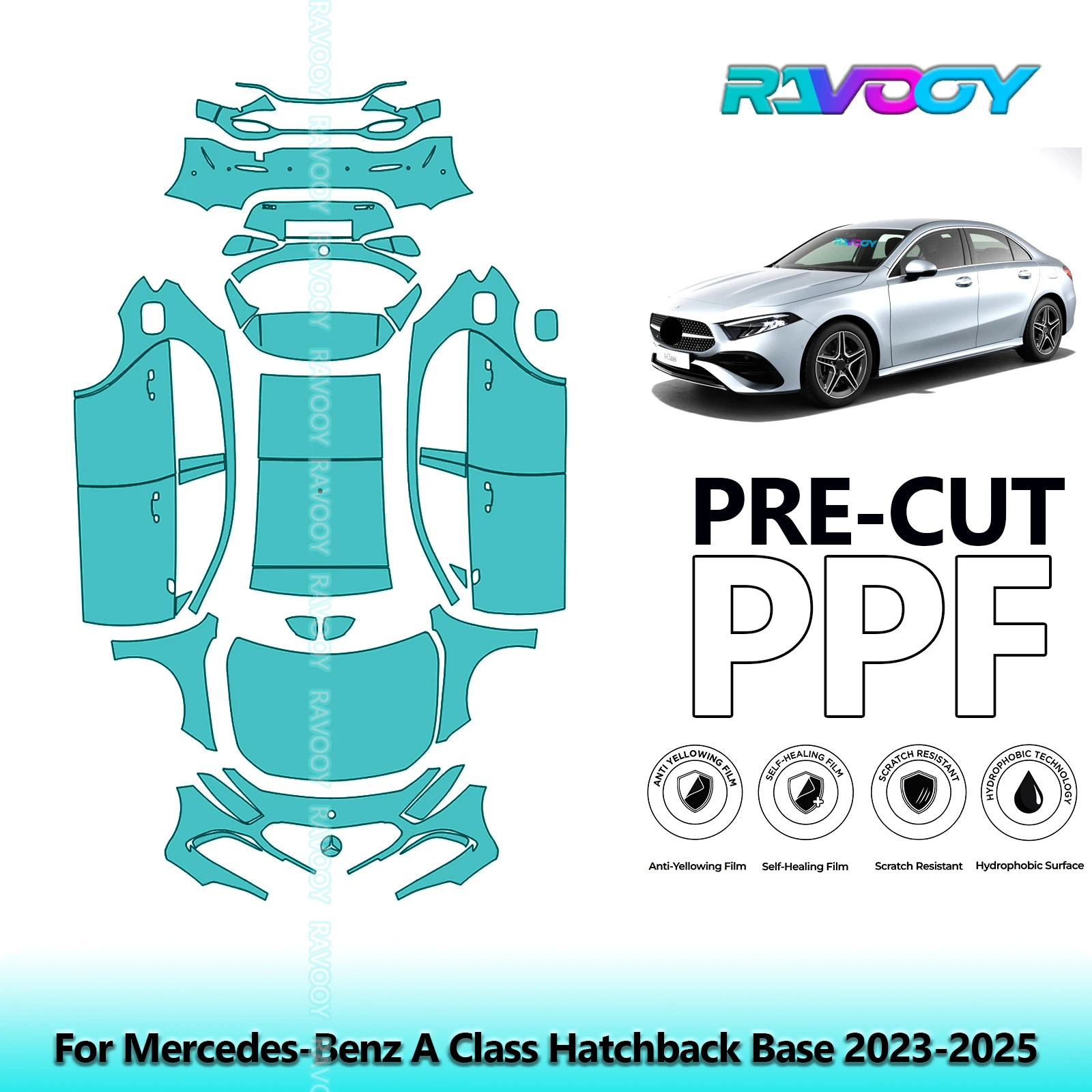 RAVOOY 8.5Mil Custom-Fit Precut TPU PPF Full Vehicle Clear Bra Stone Guard For Mercedes-Benz A Class Hatchback Base 2023-2026