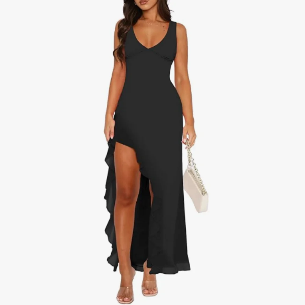 

Women Sexy V Neck Sleeveless Mesh Ruffle Hem Bodycon Maxi Casual Backless High Slit Cocktail Party Dress