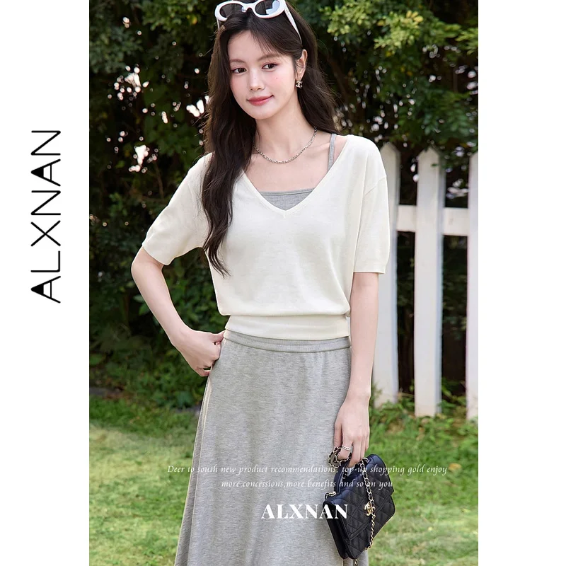 ALXNAN 2026 New Model Summer Women's Off-white T-shirts Short Sleeve Deep V-neck Tees Loose-fit Casual Ladies Clothing L672165A
