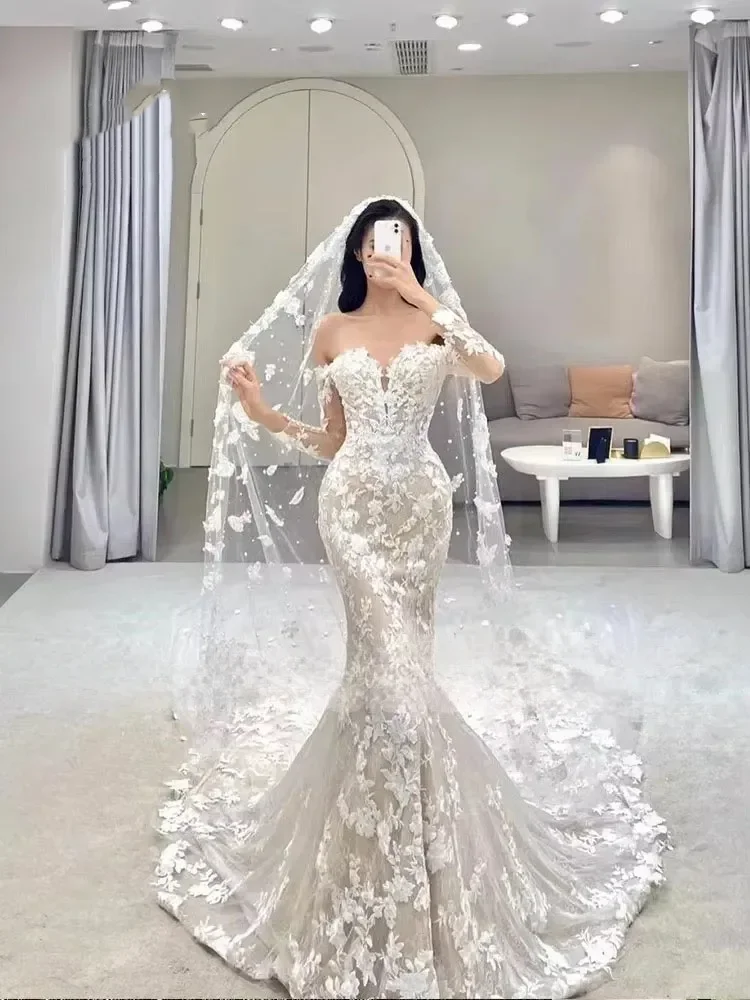 

Elegant Mermaid Wedding Dress 3D Floral Lace Long Sleeve Strapless Bridal Gown for Women's Vestidos De Novia Customized
