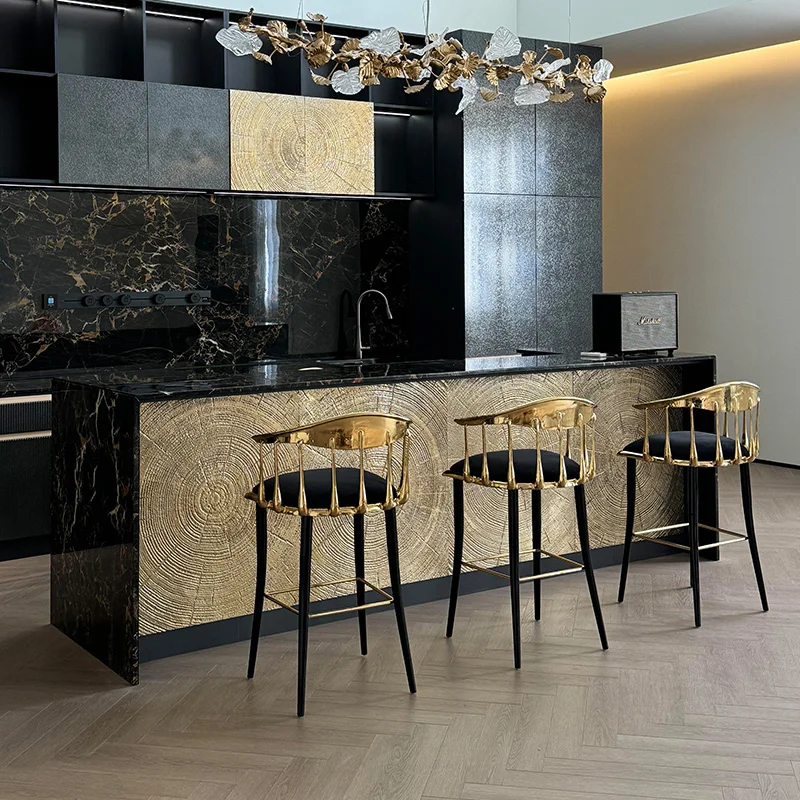 *Luxury Modern High Stool Solid Brass Wood Bar Chair - for Commercial Dining, Home Dining, and Model Room Use