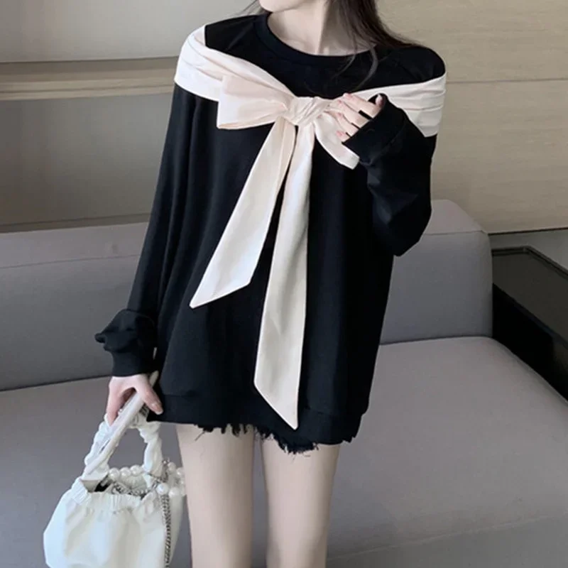 

New Autumn Winter Korean Loose Fashion All-Match Long Sleeve Sweatshirt Shawl Bow Fake Two Pieces Hedging Women 2024 Pullover