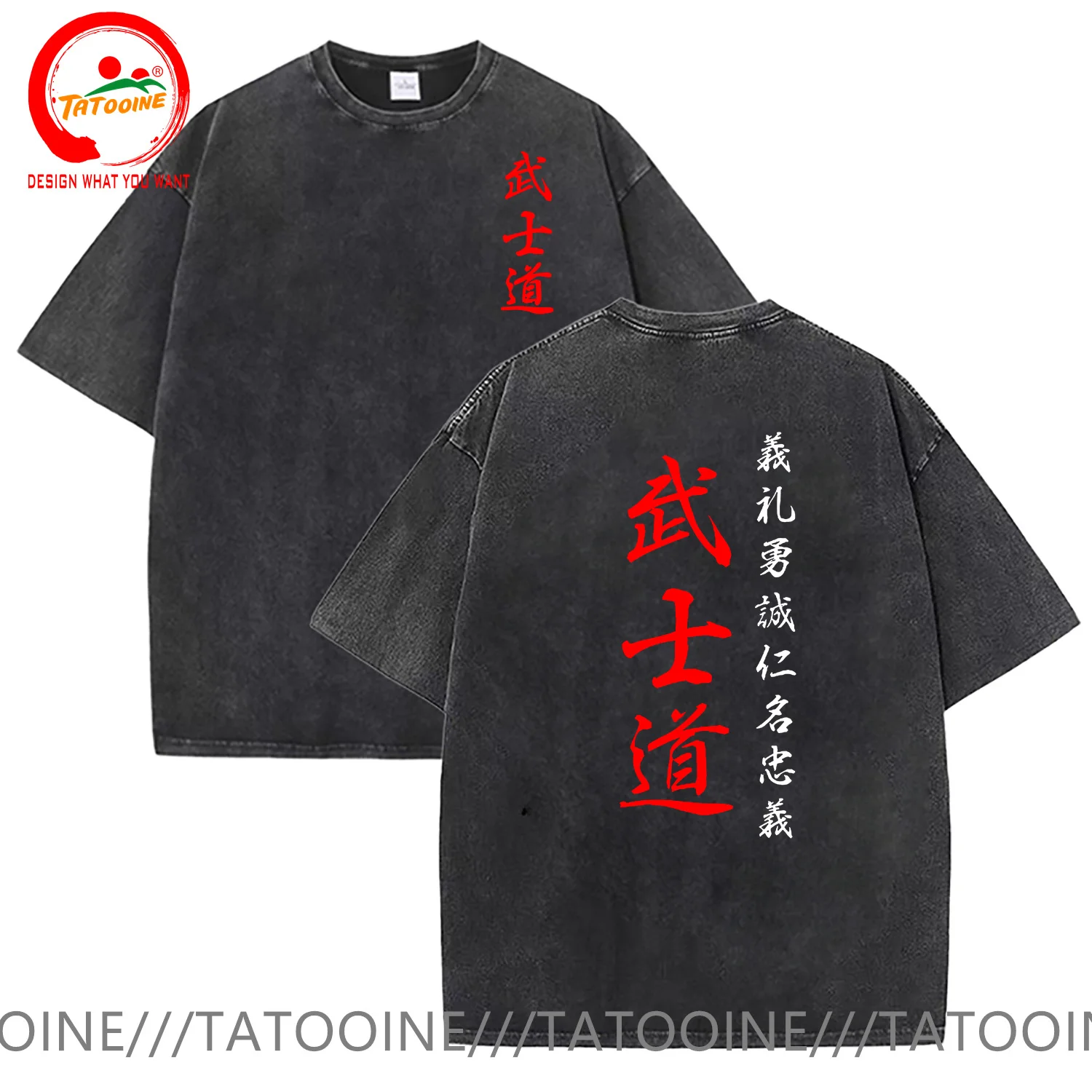 

Front Back Print Japan Samurai Spirit T Shirt Men Japanese Vintage Washed Cotton Tops T-shirt Oversized Bushido Male Gifts Tees