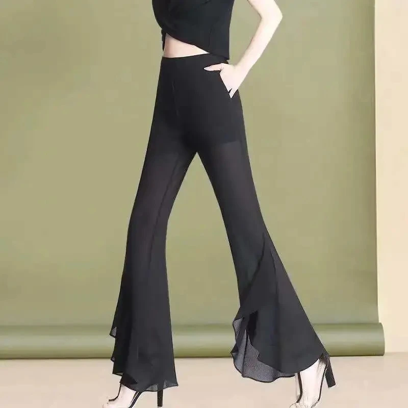 Summer High-Waisted Chiffon Trumpet Trousers Casual Elastic Waist Boot Cut  Pants Cool And Comfortable Female Flare Pants WA176