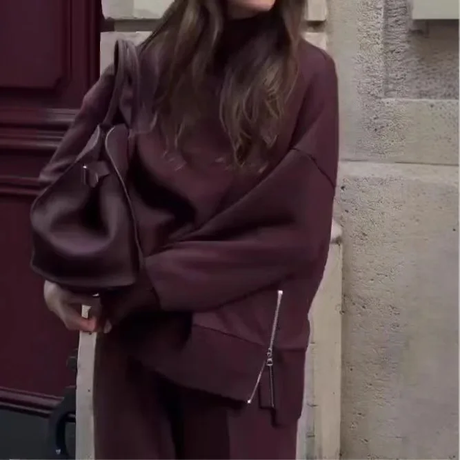 Women's Autumn Winter Knitted 2 Piece Set Casual Simple Solid Long Sleeve Turtleneck Zipper Pullover Top Trousers Pants Sets