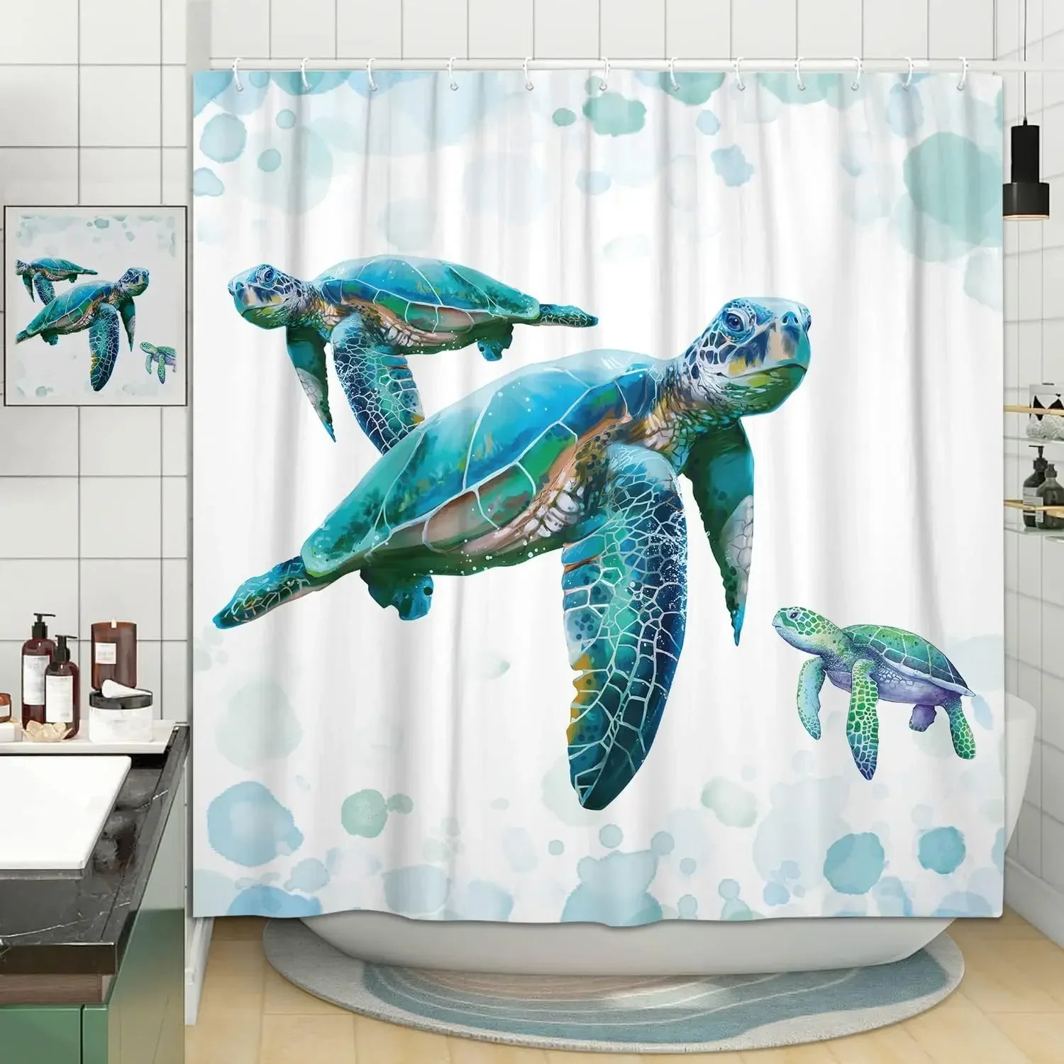 Ocean Shower Curtain, Beach Tropical Palm Island Sea Turtle Cat Sailing Flamingos coral shell, bathroom decor shower curtain set