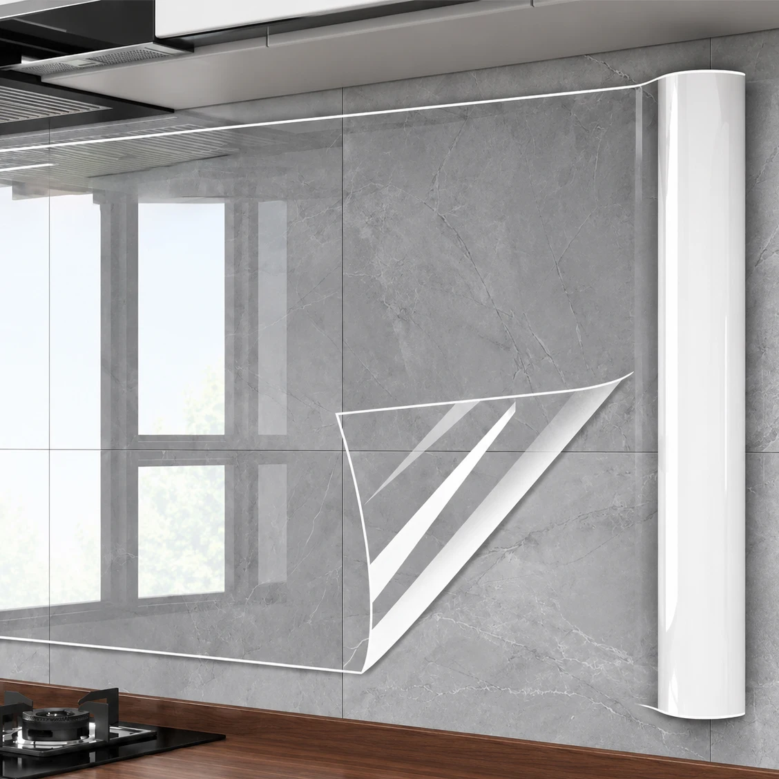 Ultra-Thin Heat-Resistant PVC Kitchen Wall Protection Film Adhesive-Free Static-Cling—Suitable For Countertops And Walls.