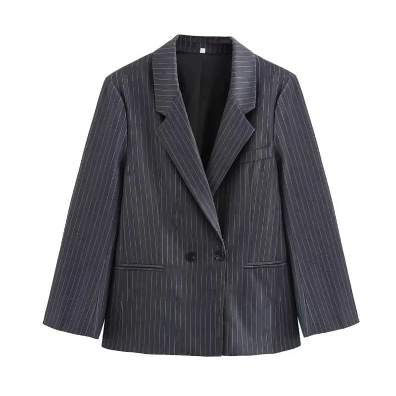 TRAF Thin Striped Double Breasted Blazer Women Clothing Autumn Loose Office Lady Pocket Decoration Woamn Coat Female Blazer