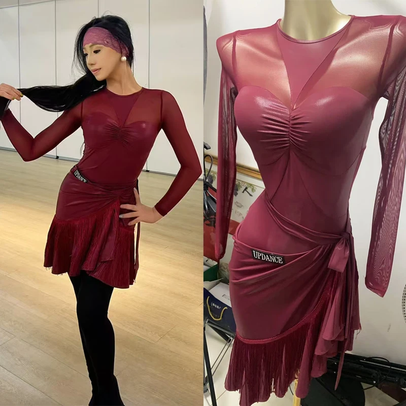 

Women Ballroom Dance Practice Clothes Red Latin Dance Costume Adults Chacha Samba Latin Dance Competition Clothing SL11672