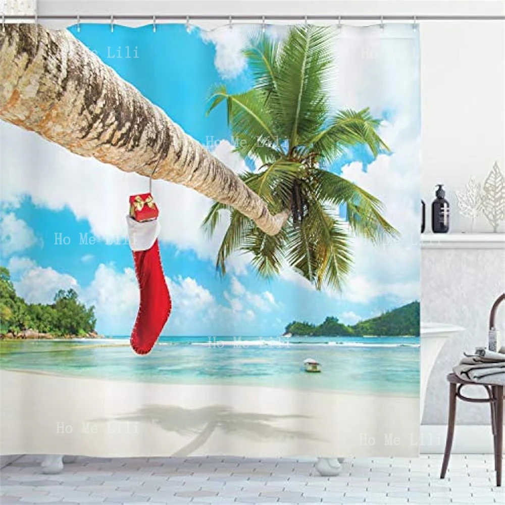 Christmas Shower Curtain Waterproof Fabric Bathroom Decorated With Hot Strip Beach