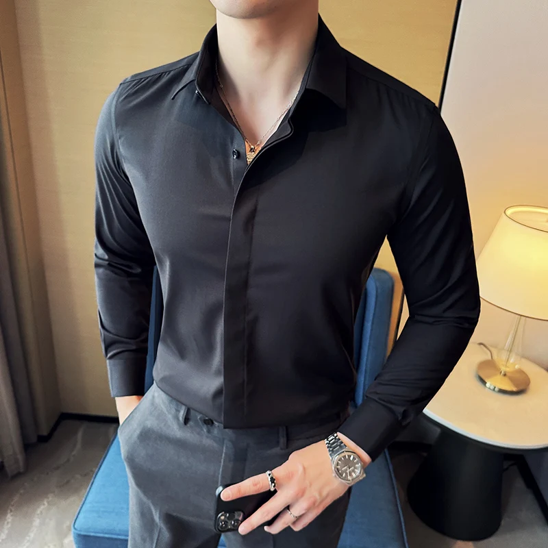 High Quality Pure Color Business Casual Men's Slim Fit Dress Shirt Made of 4.5% Wool, Suitable for Daily Commuting.M-4XL