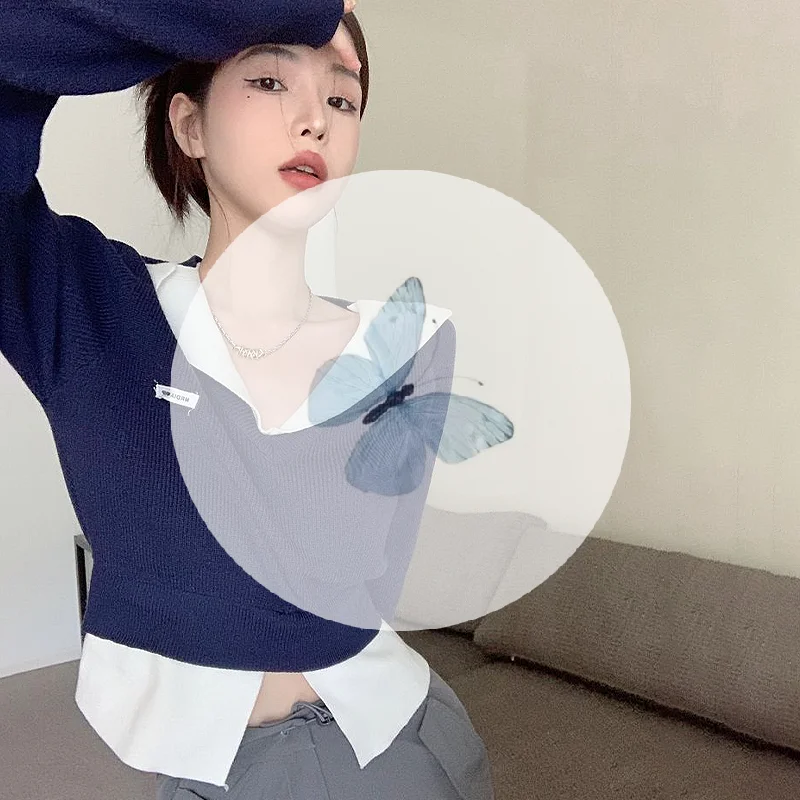 

Корейский студенческий стиль, контрастный цвет, v-образный вырез, длинный рукав, повседневный искусственный свитер из двух частей для женщин