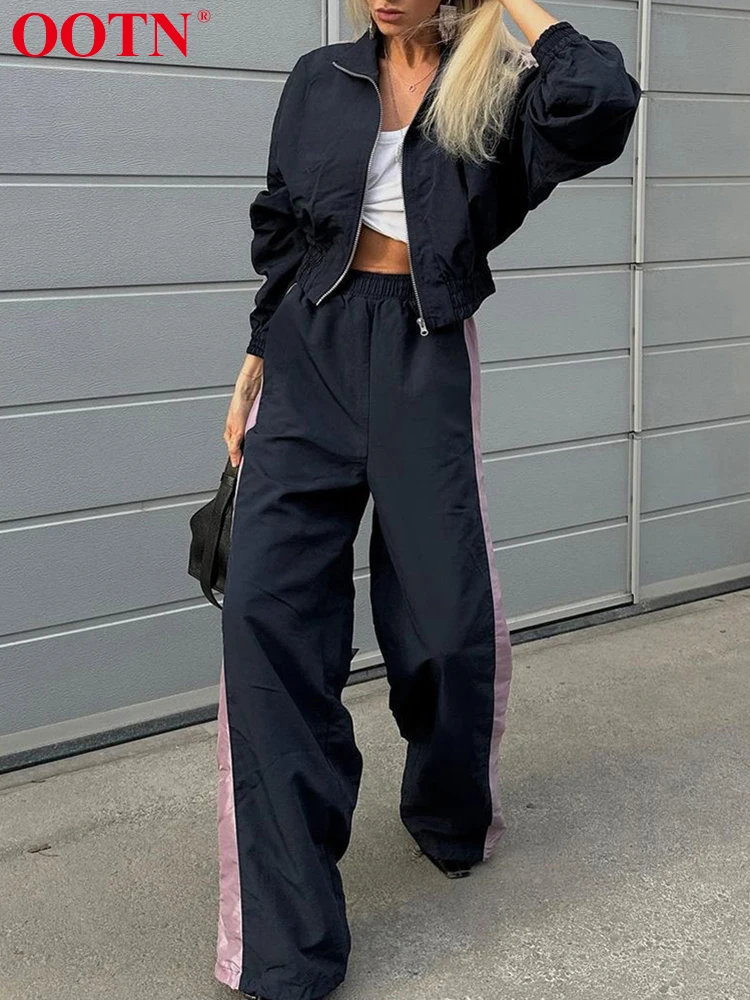 OOTN Patchwork Women Suits Two Piece Sets Casual Long Sleeve Tops Zipper Female Loose Pants 2024 Summer Fashion Sports Set