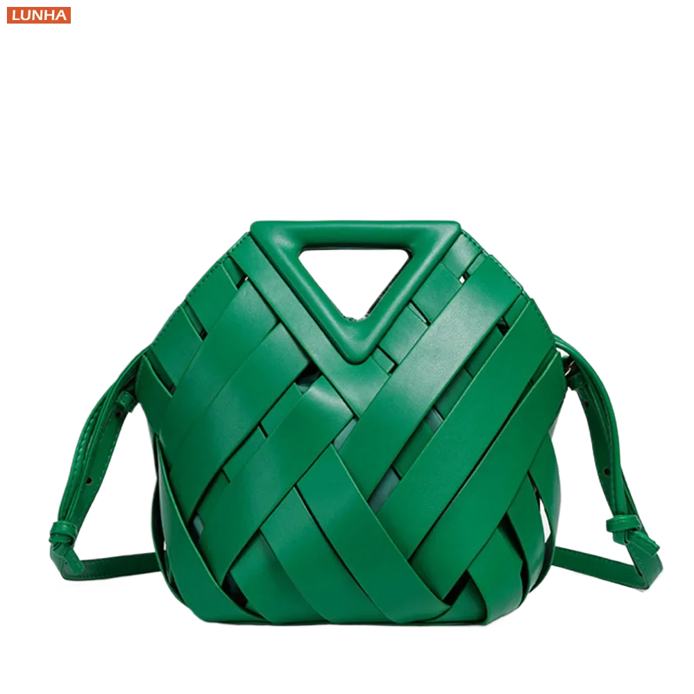 Women's Luxury Small Woven Handbag Metallic PU Leather Triangle Handle Braided Mini Bucket Bag Geometric Minimalist Style