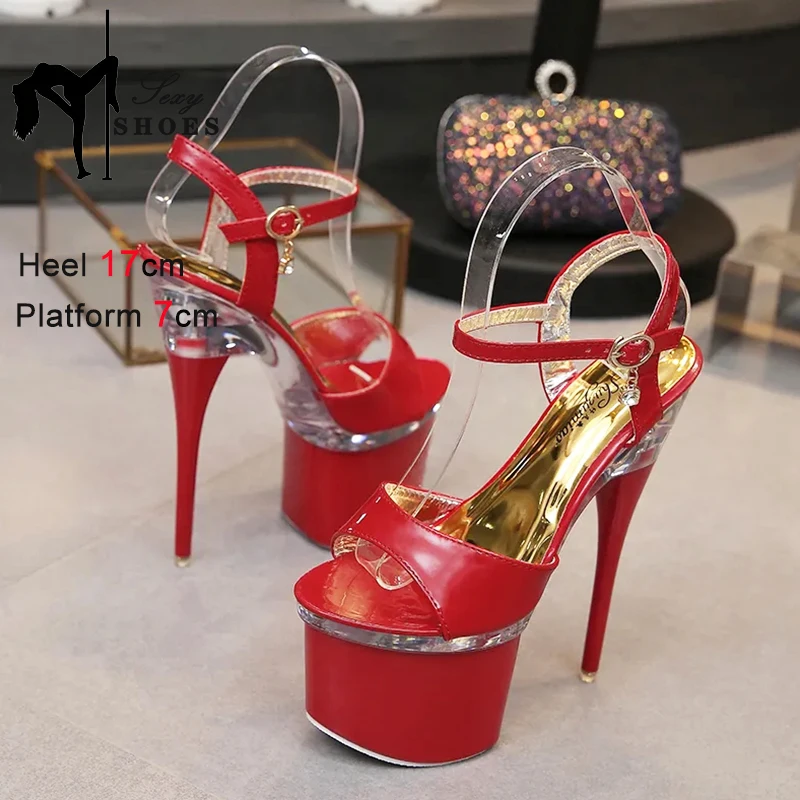 17cm Summer Sexy High Heels Platform Sandals For Women Fashion Open Toe Crystal Buckle Stiletto Wedding Stripper Red Shoes