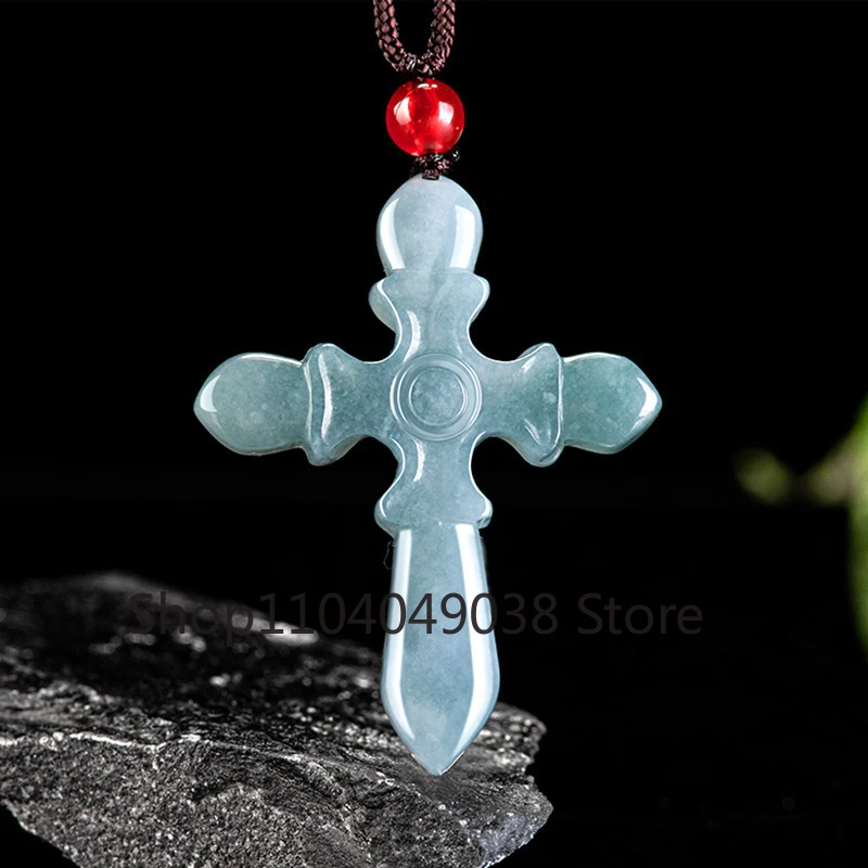 Natural A-goods Jadeite Blue Water Cross Jade Pendant Hand-carved Exquisite Men and Women Lucky Amulet Necklace Holiday Gifts