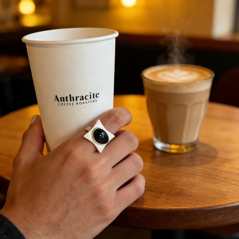 Irregular Open Wide Ring | Matte Finish with Faux Black Onyx Square | Korean Minimalist Retro Stackable Ring