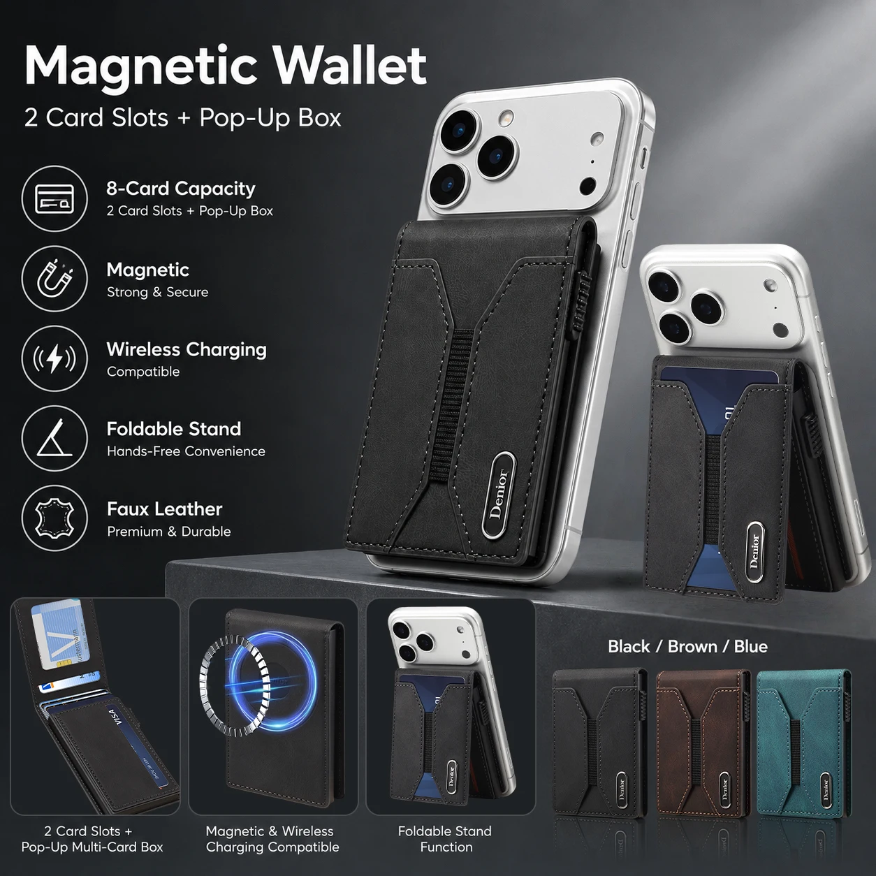 Denior Mens Magnetic Wallet With Faux Leather Pop Up Card Holder 8 Card Capacity Foldable Stand Front Pocket Quick Access Design