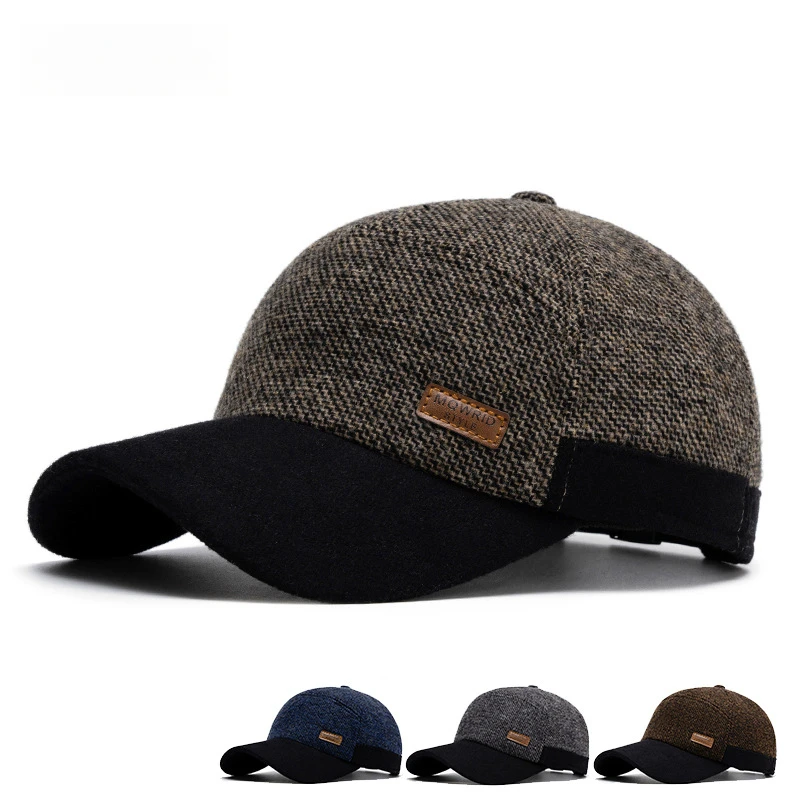 Men's Baseball Cap Vintage Style Two-Tone Wool Blend Duckbill Hat with Foldable Ear Protection for Fall and Winter Fits 56-61cm