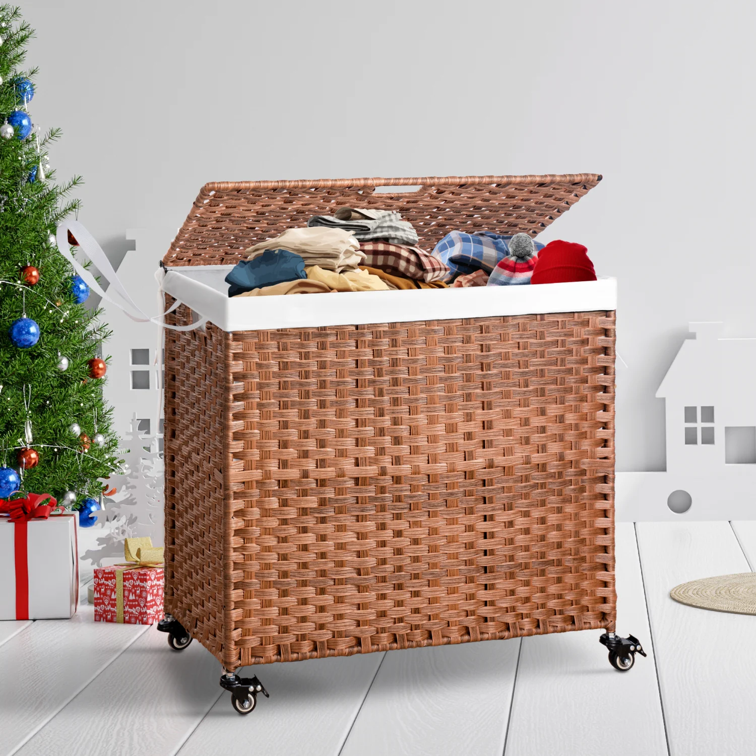 

Laundry Hamper With Lid PE Rattan Powder Coating Frame Clothes Hampers with 02 Removable Bags, Wheels, 160L, Brown Color