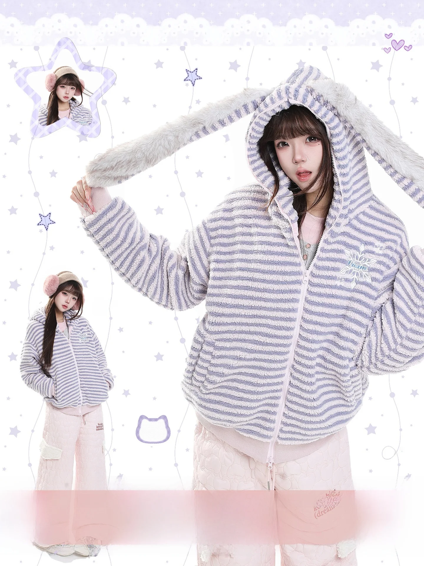 Thickened Lamb Fur Hooded Coat Rabbit Ear Casual Style Women's Cotton Jacket Winter Warm Loose Fit Striped Pattern Zipper Clo...