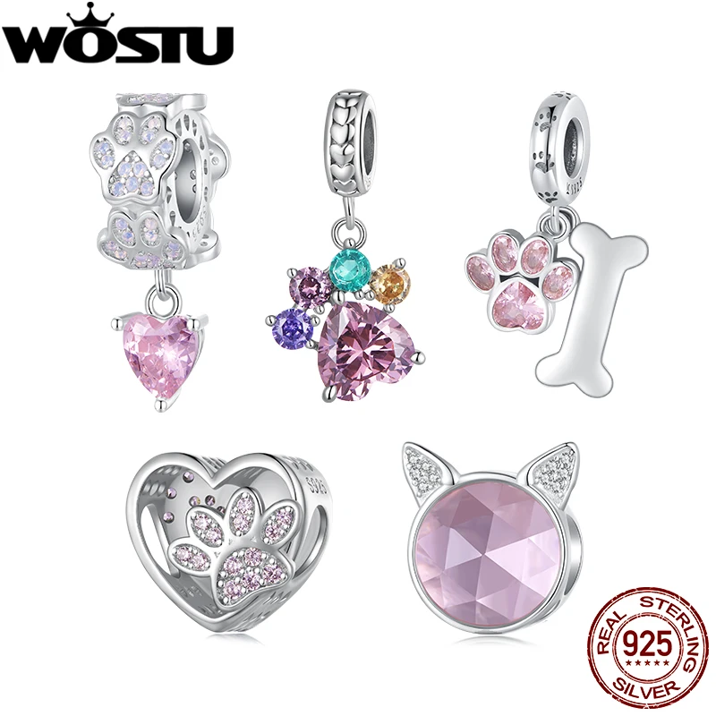 

WOSTU 925 Sterling Silver Pink Cat Dog Paw Charms Pendant Heart Beads Fit Original Bracelet DIY Necklace Girl Birthday Gift