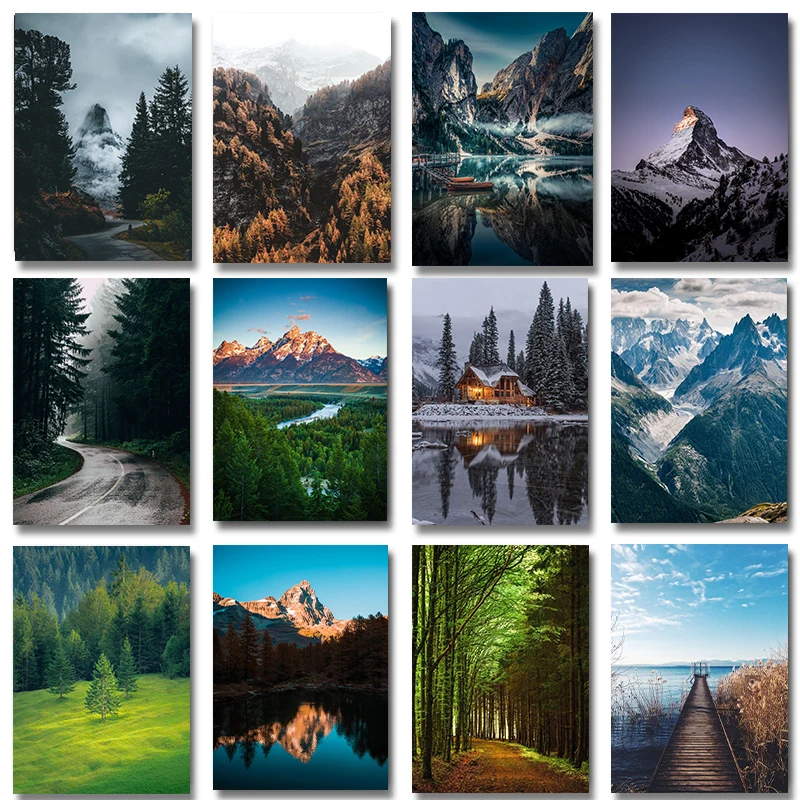 Paisaje Natural bosque montañas mar nieve árbol paisaje cartel lienzo pinturas arte de la pared Cuadros decoración del hogar Cuadros