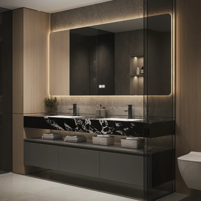 Rock Slab Bathroom Cabinet Combination, Lighted Medicine Cabinet with Mirror, Rock Slab Countertops Customized in Multiple Sizes