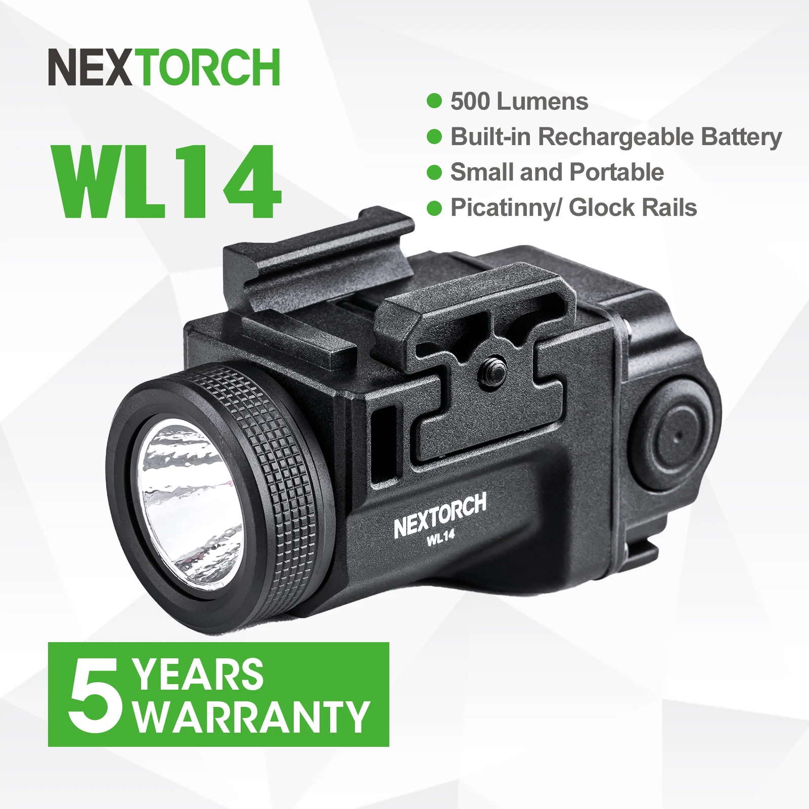 NEXTORCH Weapon Light Mini Pistol Mount 500 Lumens Type-C Rechargeable IPX7 Waterproof G lock Railway WL14