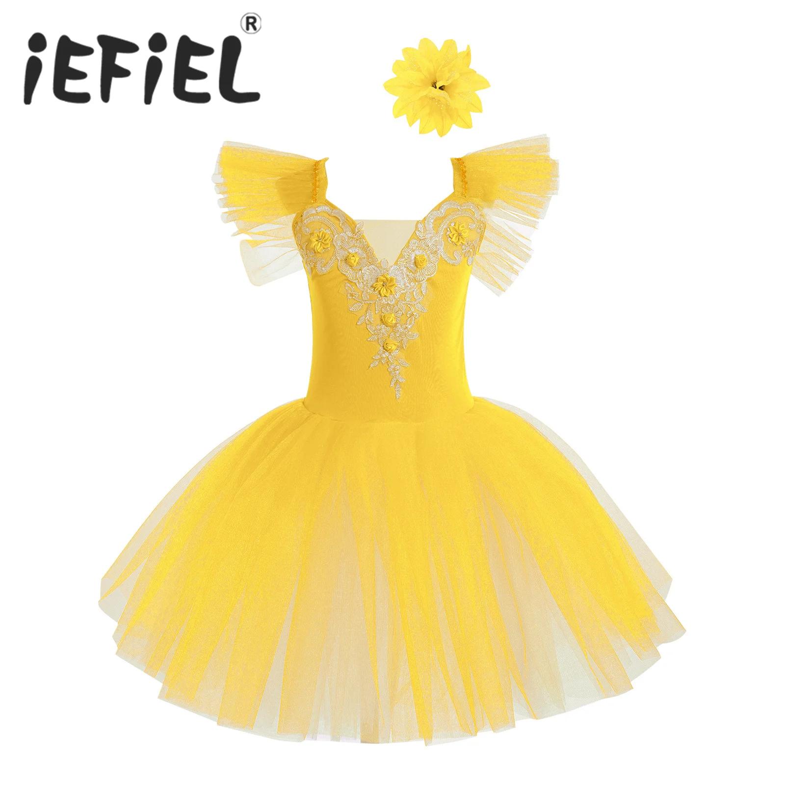 Kids Girls Professional Ballet Tutu Dress Figure Skating Stage Performance Dance Costumes Lyrical Dance Dress with Headdress