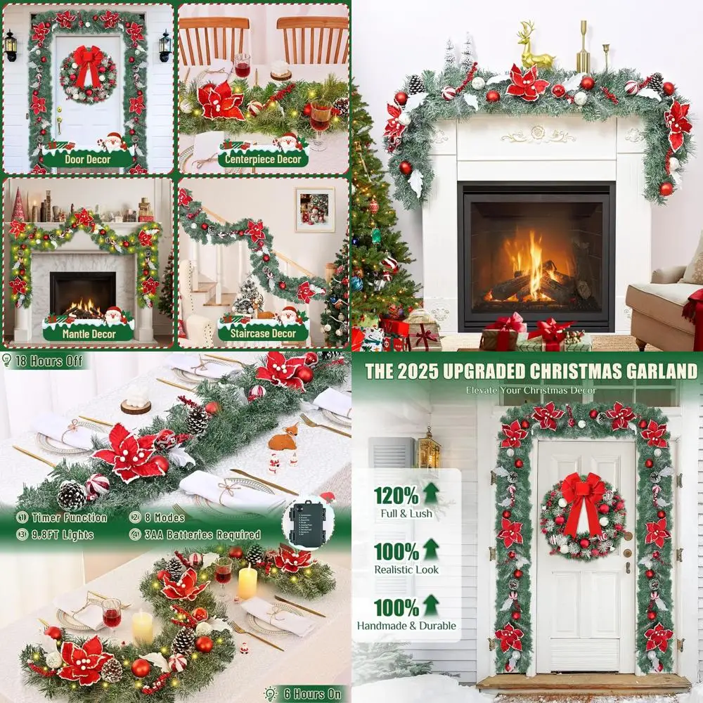 

Realistic Flocked Christmas Garland with Lights, 6FT for Mantle, Poinsettia Flowers, Pinecones, Berries, Mantle Table Door Stair