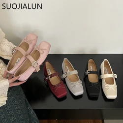 SUOJIALUN 2023 Autumn Women Flat Ballet Shoes Fashion Brand  Square toe Slip On Shallow Ladies Casual Ballerinas Shoes Soft Flat