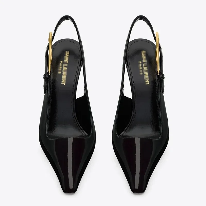 Elegant Fashionable Black Pointed Toe Thin Heel Single Shoes Patent Leather Buckle High Heels Stylish Luxurious