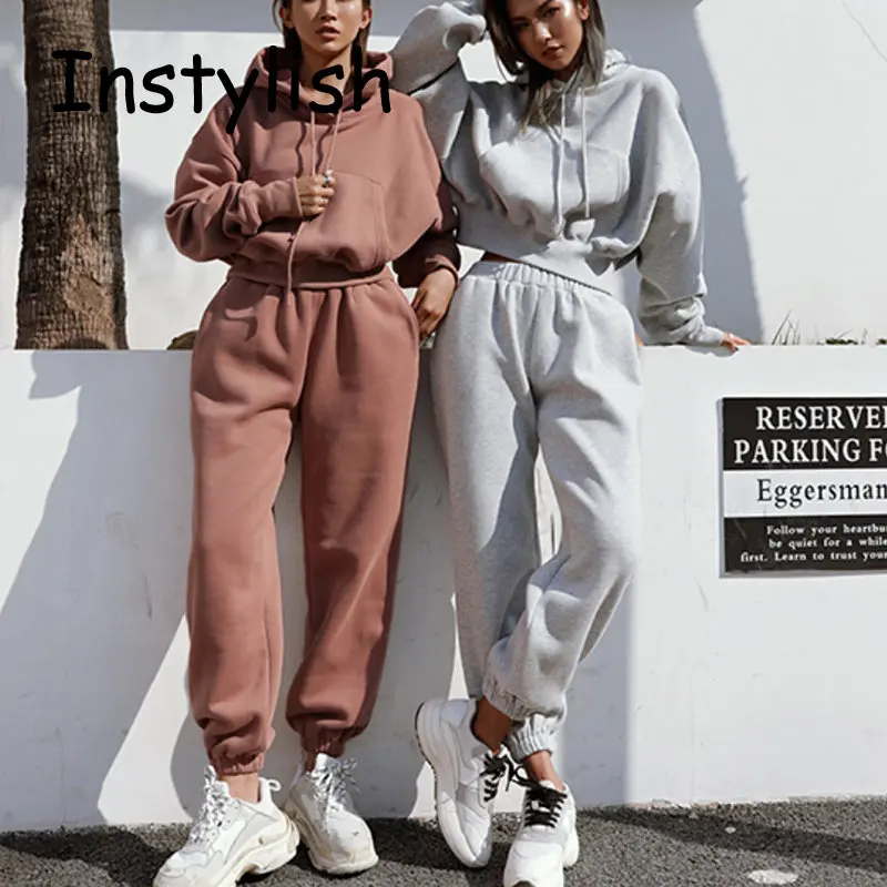 Women Fleece 2 Pieces Set Hoodies Suit 2023 Spring Winter Sweatshirt and Sport Sweatpants Set Vintage Y2K Streetwear Tracksuit