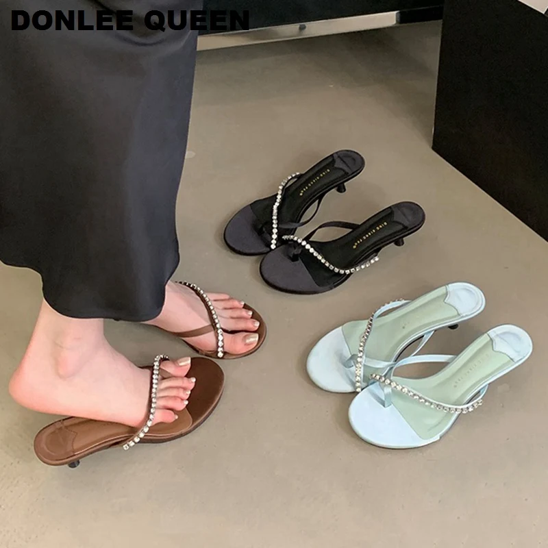 

Luxury Rhinestones Slide Slippers Women Shoes Fashion Brand Thin Low Heel Clip Toe Flip Flops Comfot Pumps For Party Dress Mujer