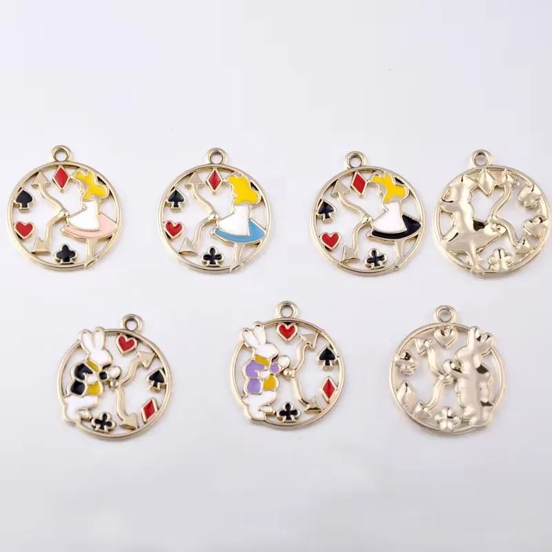 10pcs Handmade Diy Alice In Wonderland Charms, Poker Playing Card Clock Bunny Rabbit Pendants Round Enamel Earrings Accessories