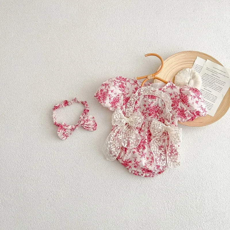 New Summer Family Matching Outfits Baby Girl One-piece Short Sleeved Lace Bow Bodysuit/Floral Dress Sisters Twins Clothing H4413