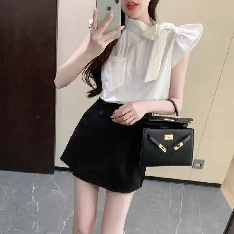 Summer Retro French Tie Bow Design Chiffon Shirts Solid Color Sweet Short Pleated Shirt Tops All-match Korean Women Clothing