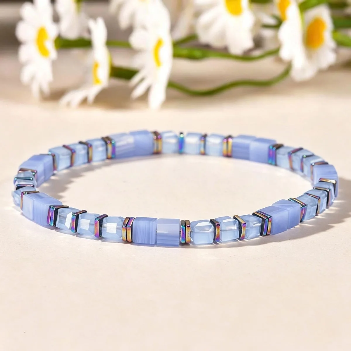 1pc Light Blue Cube Sodalite Bead Communication Bracelet, Iridescent Metal Trim Wrist Jewelry, Daily Anniversary Gift